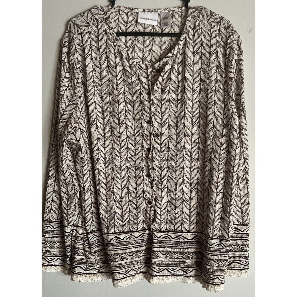 Alfred Dunner Blouse Women's Size Large Button Front Long Sleeve Tan Brown